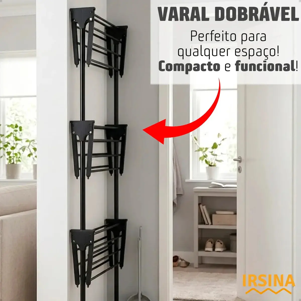 Varal Dobrável De Chão 3 Andares De Roupas Grande Com Rodinha Aba Lateral Retrátil Para Cabide Irsina thumbnail 4