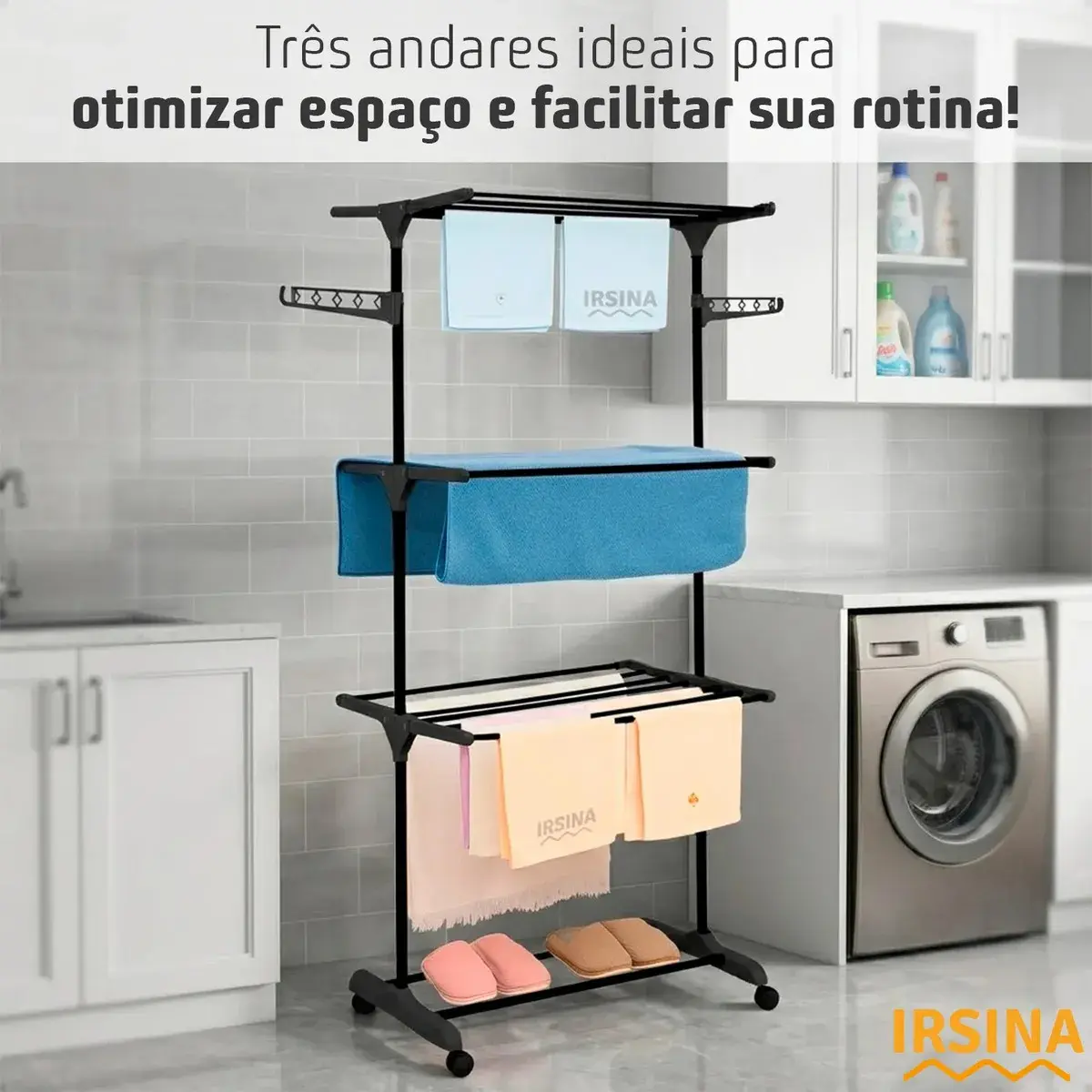Varal Dobrável De Chão 3 Andares De Roupas Grande Com Rodinha Aba Lateral Retrátil Para Cabide Irsina thumbnail 6