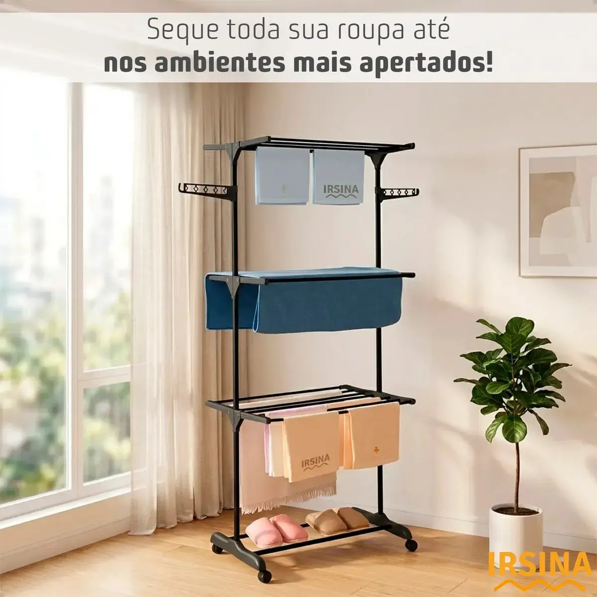 Varal Dobrável De Chão 3 Andares De Roupas Grande Com Rodinha Aba Lateral Retrátil Para Cabide Irsina thumbnail 7