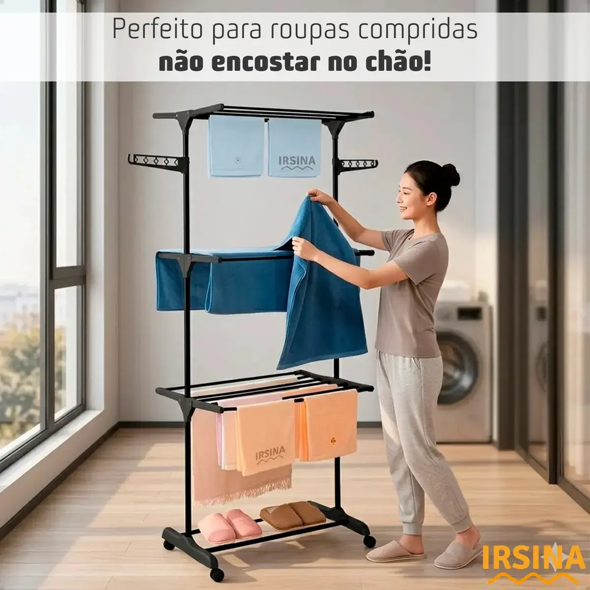 Varal Dobrável De Chão 3 Andares De Roupas Grande Com Rodinha Aba Lateral Retrátil Para Cabide Irsina thumbnail 10