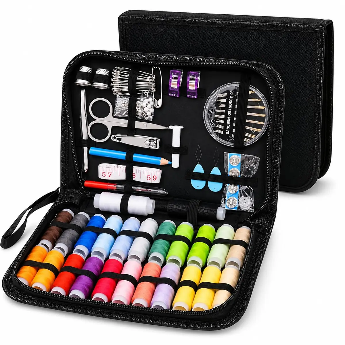 Kit Costura Completo 96 Itens com Linhas, Agulhas, Tesoura, Fita Métrica, Botões e Acessórios para Reparos em Estojo Portátil, casa, viagem e emergência.