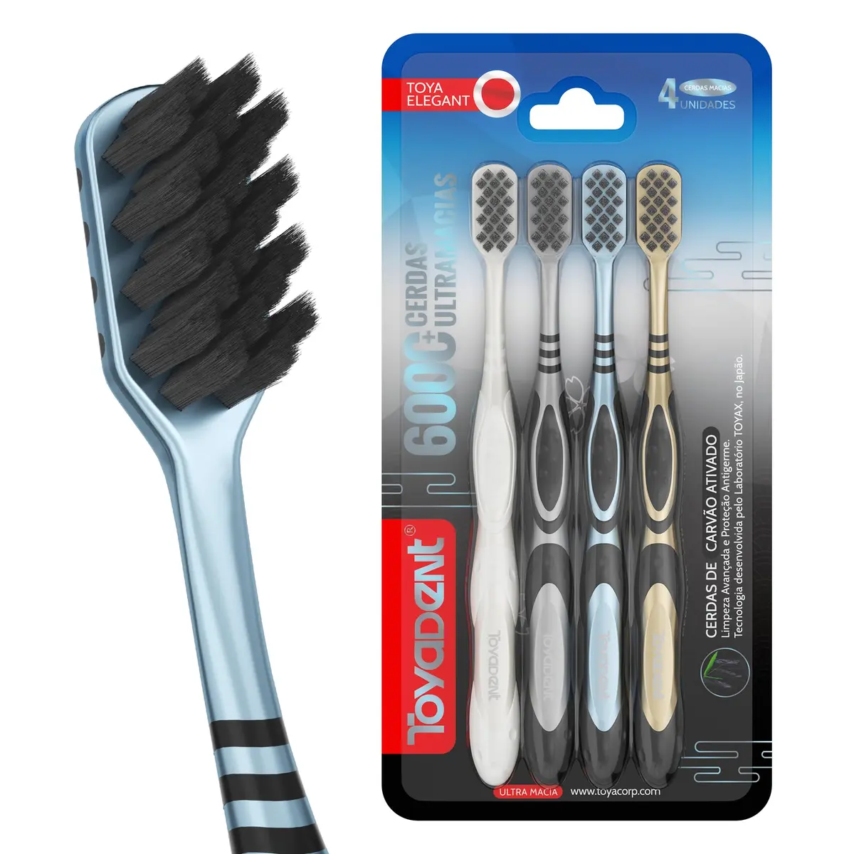 TOYADENT Escova de Dentes, Kit com 4 Unidades, 6000+ Cerdas Ultrafinas e Macias, Cerdas com Carvão Ativado, Cabeça Ampla, Limpeza Suave dos Dentes e Gengivas, 4 Cores