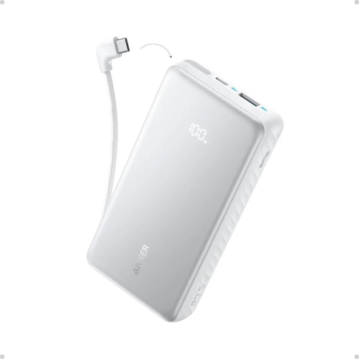Anker Zolo Power Bank 20.000mAh, Carregador Portátil, Cabo USB-C Integrado | Carregamento Rápido, USB-C 22,5W PD, para iPhone 18/17/16/15, Samsung, Motorola, Xiaomi, iPad,Tablets,Branco, Certificação 3C