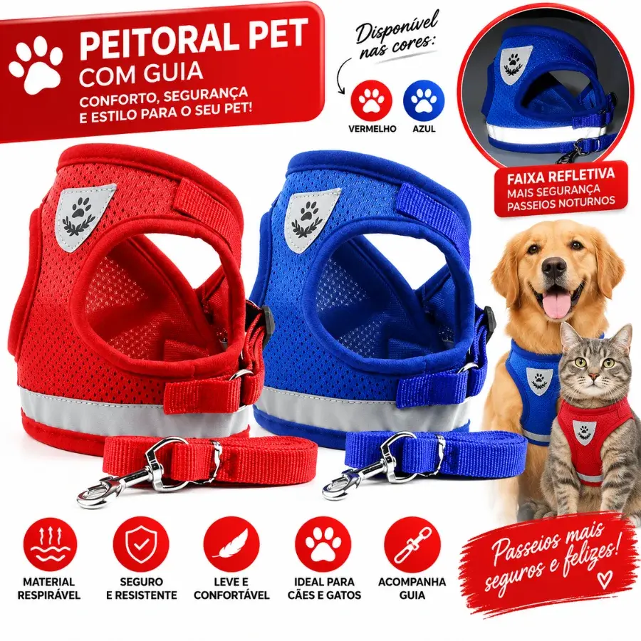 Coleira Peitoral para Cães e Gatos com Guia Tamanhos G e GG – Azul ou Vermelho Envio de Cor Aleatória - 1