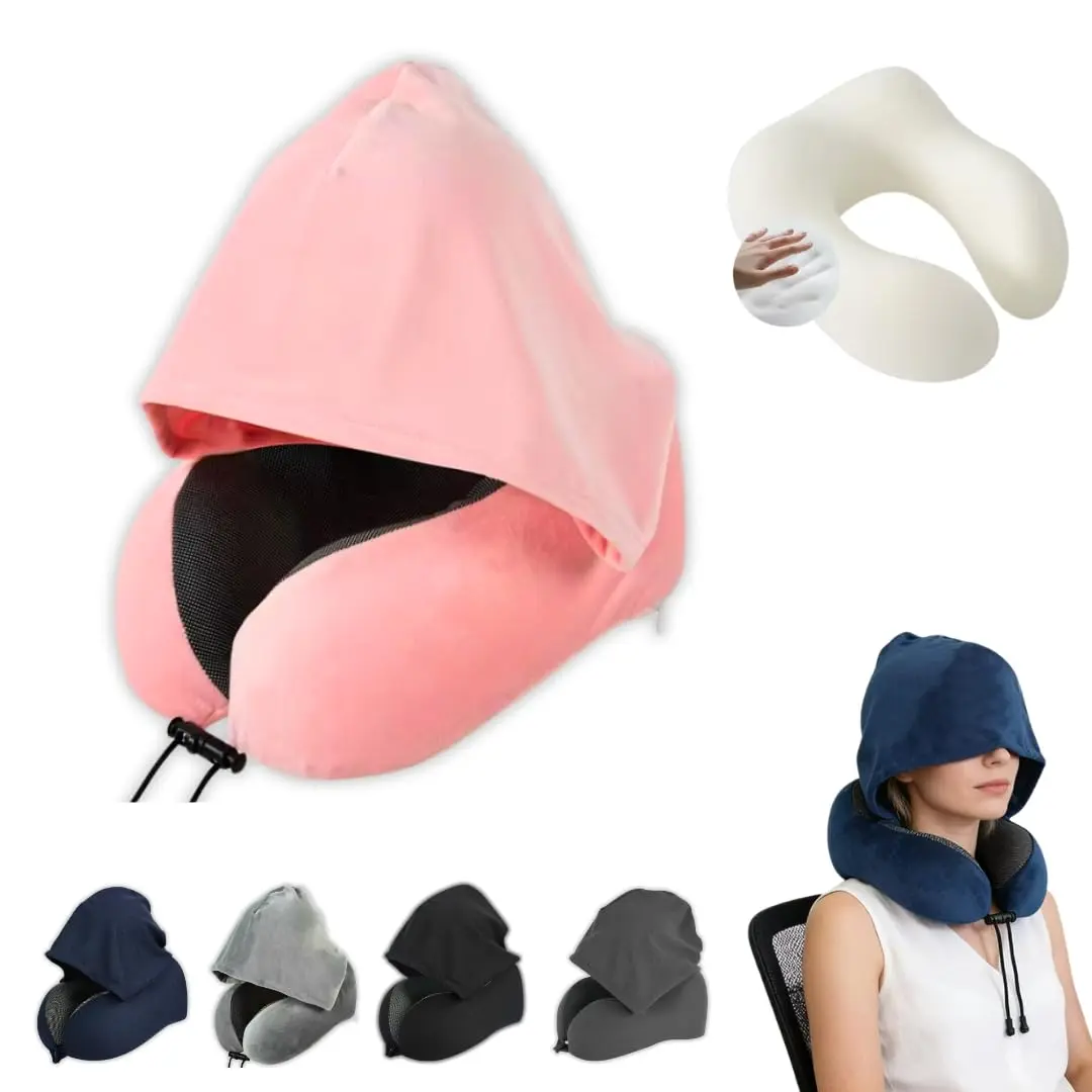 Almofada de Pescoço com Capuz e Espuma de Memória | Cor Rosa | Ergonômica, dobrável e confortável, com capuz para mais privacidade. Ideal para viagens de avião, carro, ônibus e uso diário.