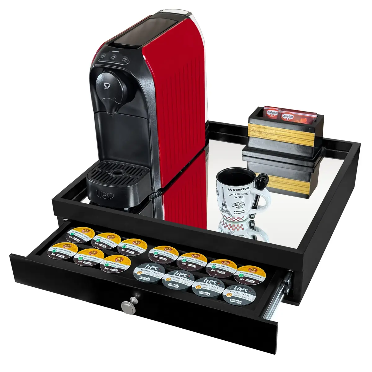 Reluz Art Bandeja Porta Cápsulas Espelho 1 Gaveta com Corrediças Telescópicas para Cápsulas Nespresso Original, Vertuo, Dolce Gusto Três Corações ou Delta Q (Três Corações, Preto)