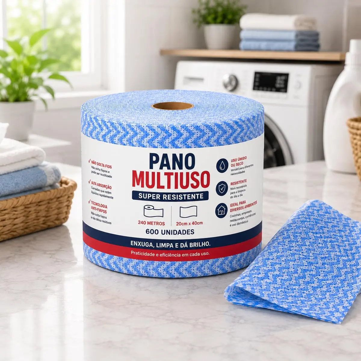 Pano Multiuso Rolo 600 Folhas 20x40cm Absorvente para Limpeza Alta Absorção | Pano Reutilizável, Secagem Rápida, Removedor de Poeira e Líquidos, Rolo Picotado