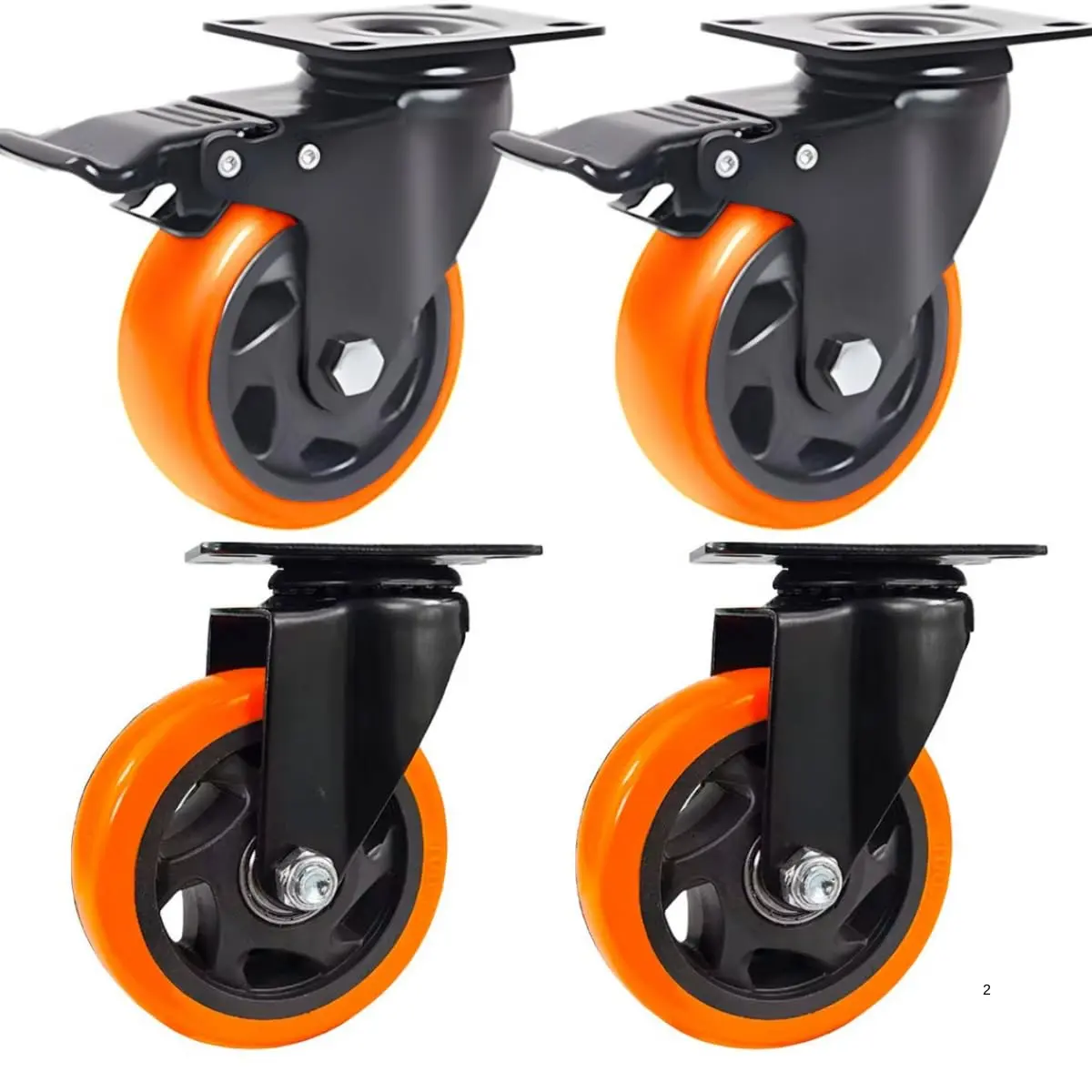 Kit 4 Rodízios Giratórios com Freio 3 Polegadas PU Laranja – Rodinhas Industriais para Carrinho, Móveis, Bancada, Rack e Plataforma com Placa de Fixação 200kg - 1