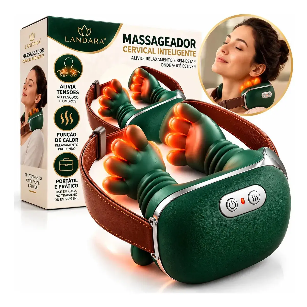 Massageador Cervical Elétrico 3D Pescoço Ombros Aquecimento Recarregavel Sem Fio Massagem Profunda Relaxante Calor Mãozinha Marca Landara - 1