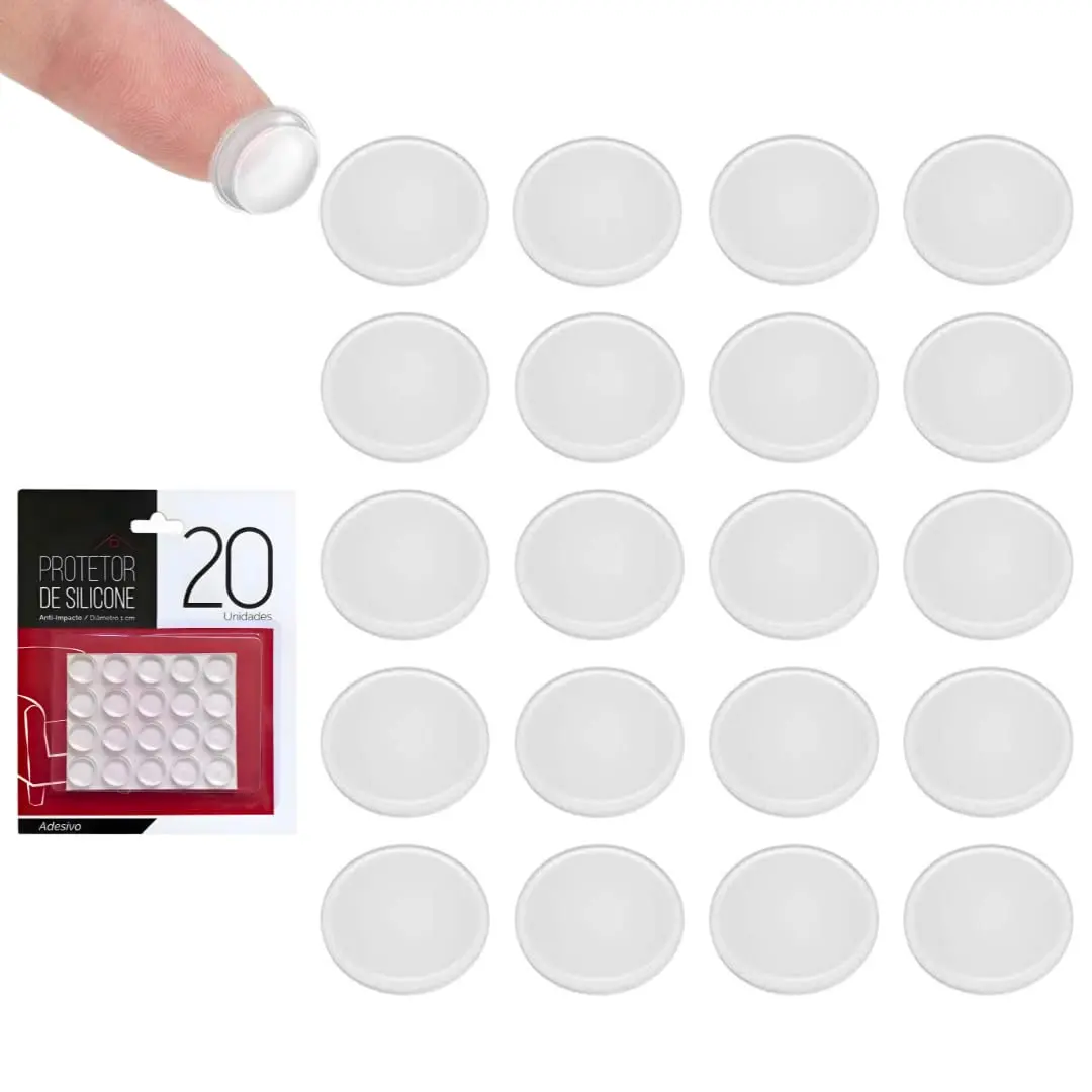Kit C/20 Protetores de Silicone 1x1cm Anti Impacto Transparente | Adesivo amortecedor que evita riscos, batidas e ruídos em móveis, portas, gavetas, armários e eletrodomésticos.