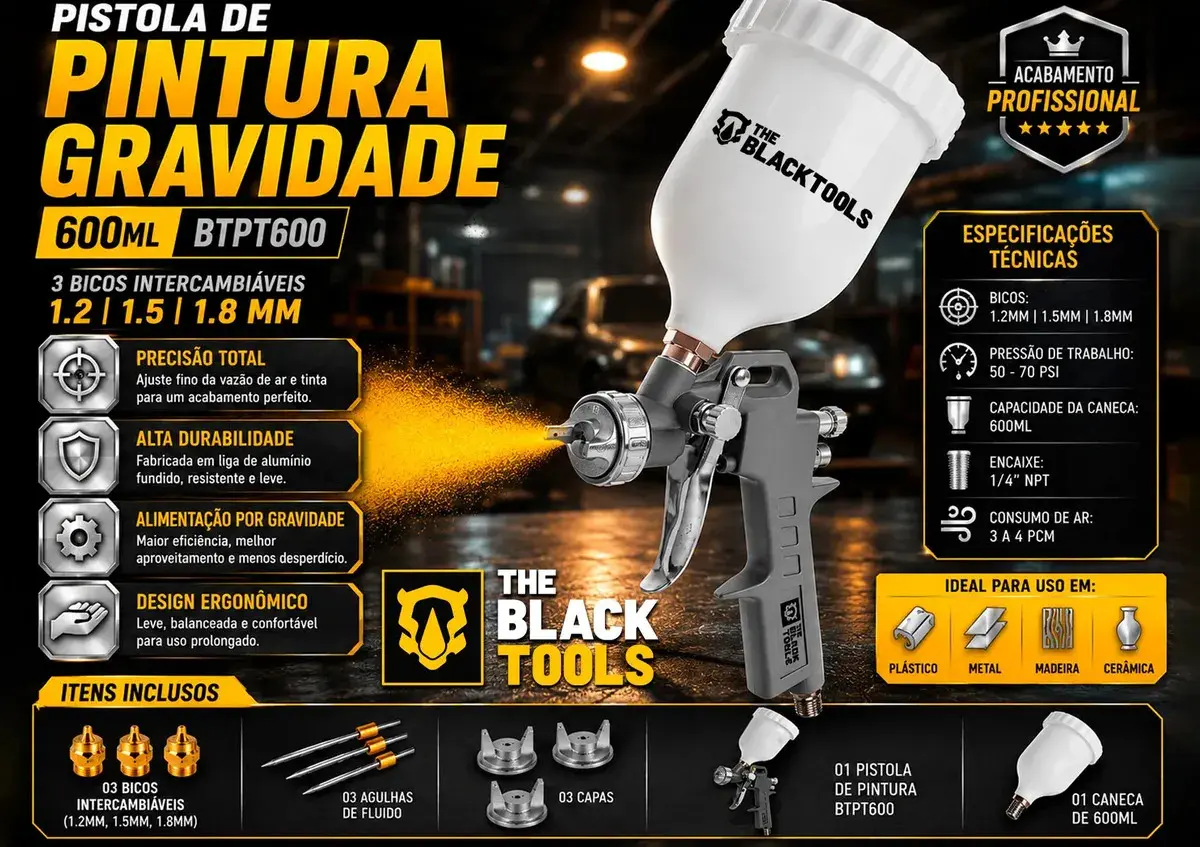 Pistola Pintura Gravidade 600ml 3 Bicos 1.2 1.5 1.8 Btpt600 Profissional The Black Tools thumbnail 3
