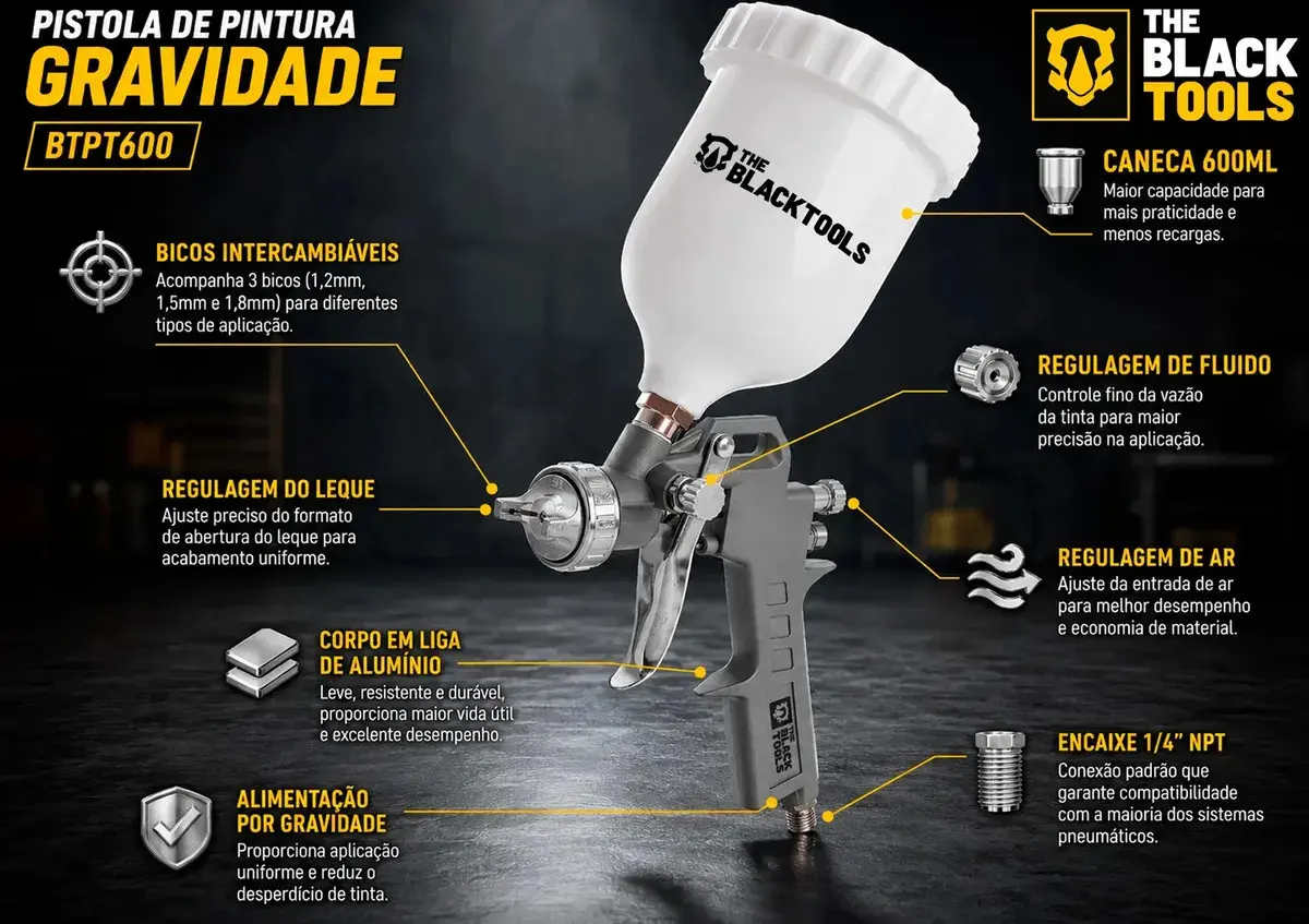 Pistola Pintura Gravidade 600ml 3 Bicos 1.2 1.5 1.8 Btpt600 Profissional The Black Tools thumbnail 4