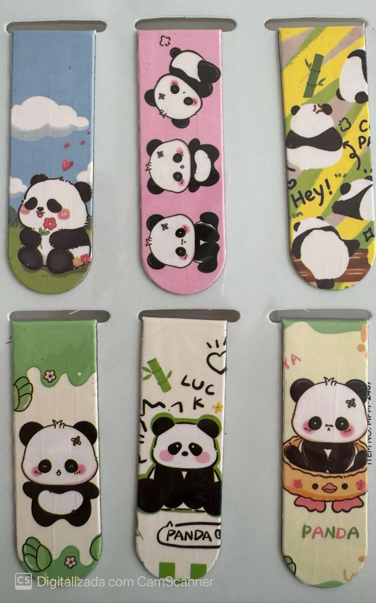 Kit 6 Marcadores de Página Magnéticos com Tema Panda, Frente e Verso, Papelaria Fofa