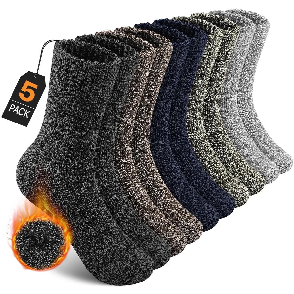 UUMIAER 5 pares de meias de lã merino para homens, meias | Tecido de lã merino térmica superespesso, pacote com 5 pares de meias acolchoadas para caminhadas no inverno frio uso diário