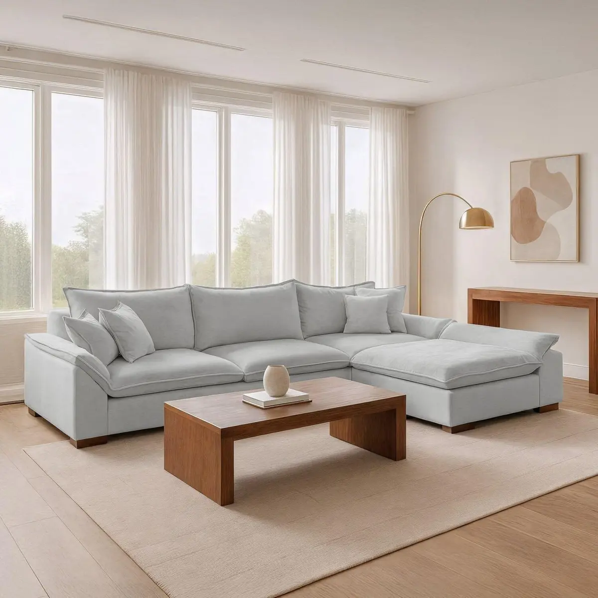 Sofá de Canto 6 Lugares com Chaise Modulado 320cm com Base em Madeira Maciça Dominique Yescasa Cinza