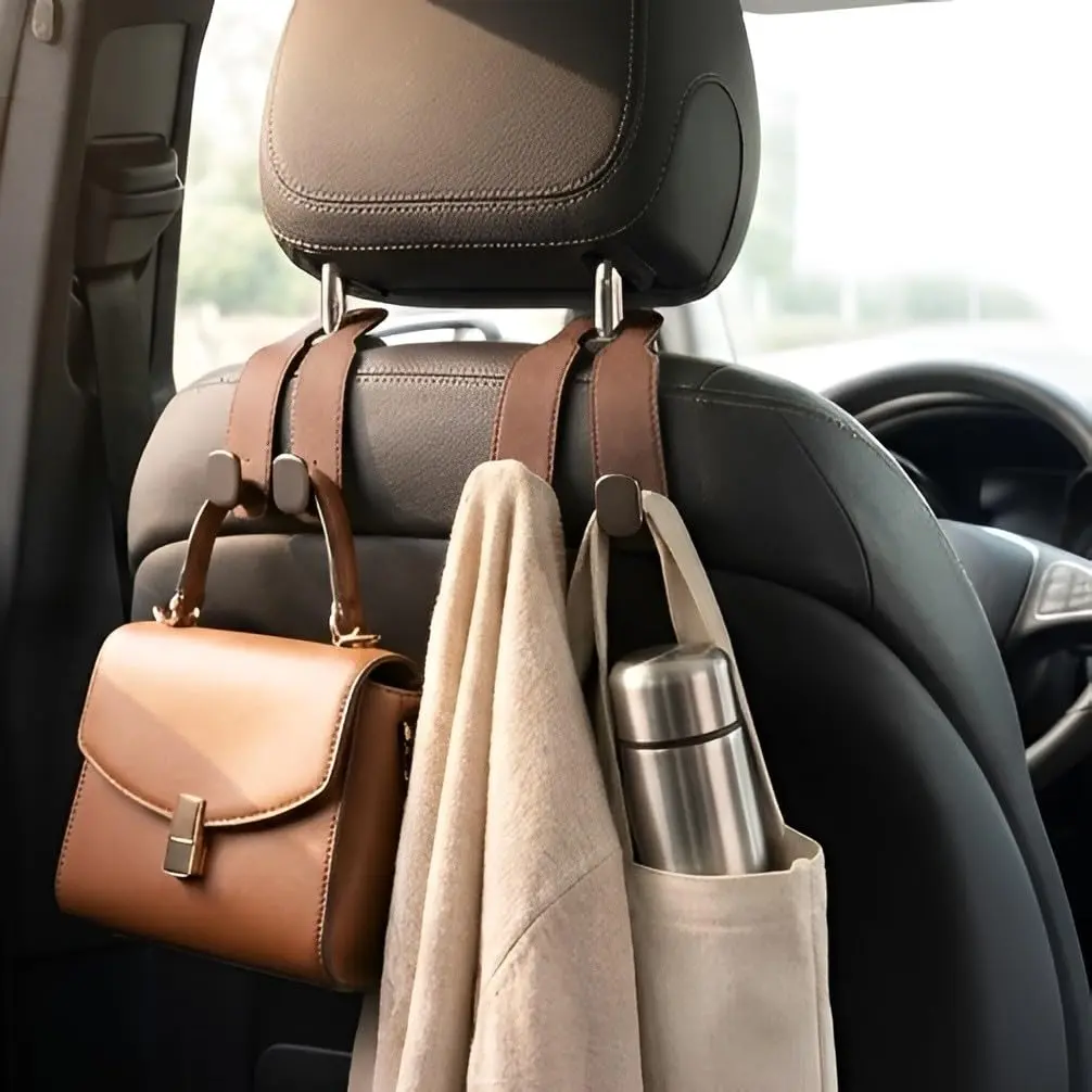 Gancho Universal Premium Para Encosto De Cabeça De Carro, VARENZIA | Duplo Em Couro E Metal, Suporte Para Bolsa, Roupas E Garrafas, Instalação Universal - 1