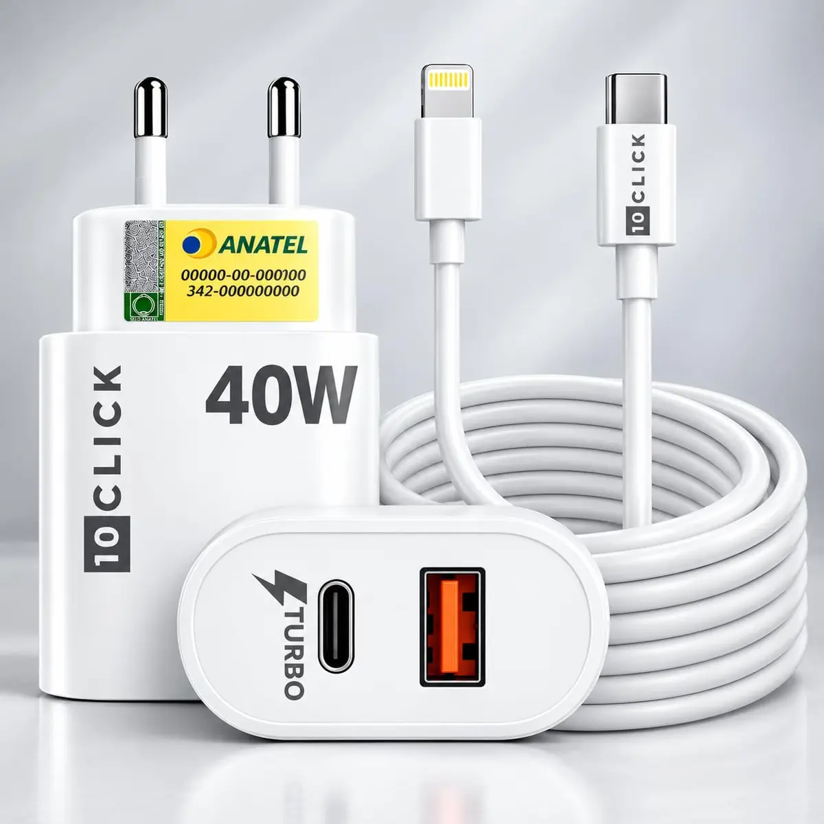 Carregador Turbo 40W Compatível iPhone 14 13 12 11 X XR XS 8 7 10CLICK® | Para iPhone 14 Pro Max 13 Pro Max 12 Mini 11 X Cabo Tipo- C Lightning