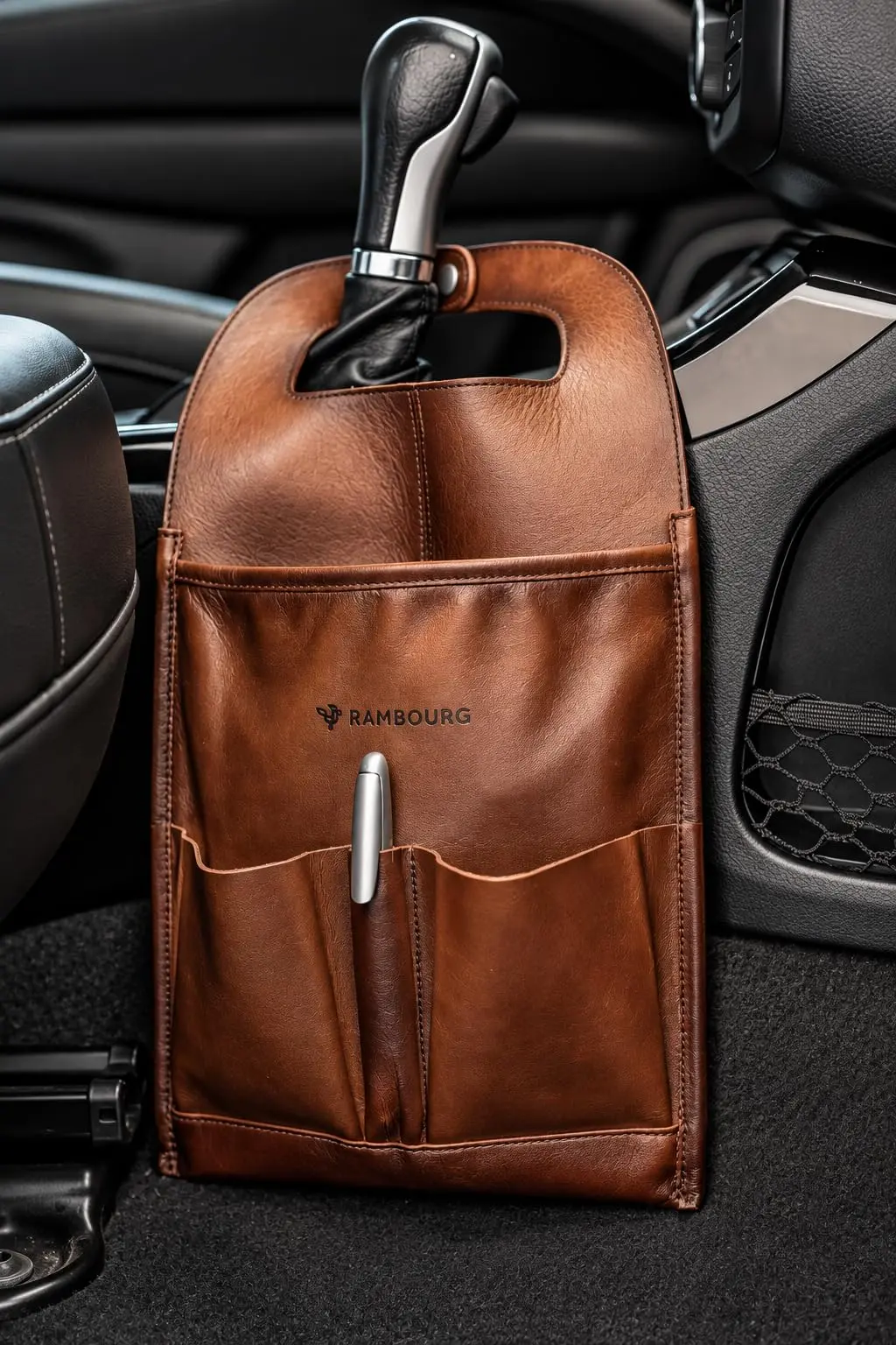 Porta-Objetos Veicular em Couro Legítimo – Organizador Automotivo Premium - Requinte e Luxo (Conhaque)