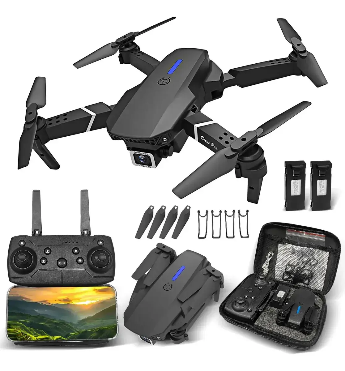 Mini Drone E88 Pro Com Câmera Dupla Wifi Com Case 2 Baterias + Controle Remoto Drone 2.4 Ghz Preto - 1
