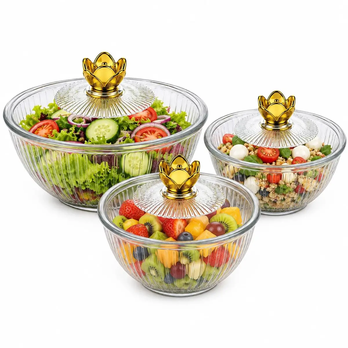 Cojunto 3 Bowls Tijelas de Servir Com Tampa - 21cm 18cm 15cm - Multiusos Bowl Salada Detalhes Dourados - 1
