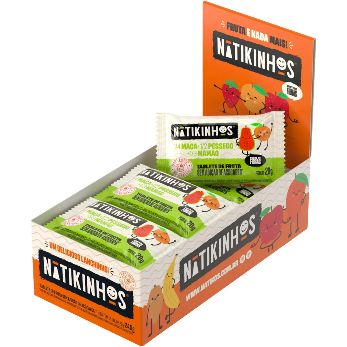 Tablete de Fruta sem Açúcar, Nátikos, Salada de Frutas, 12 x 20g | Display com 12 unidades para exposição no ponto de venda, organização em casa e distribuição na escola