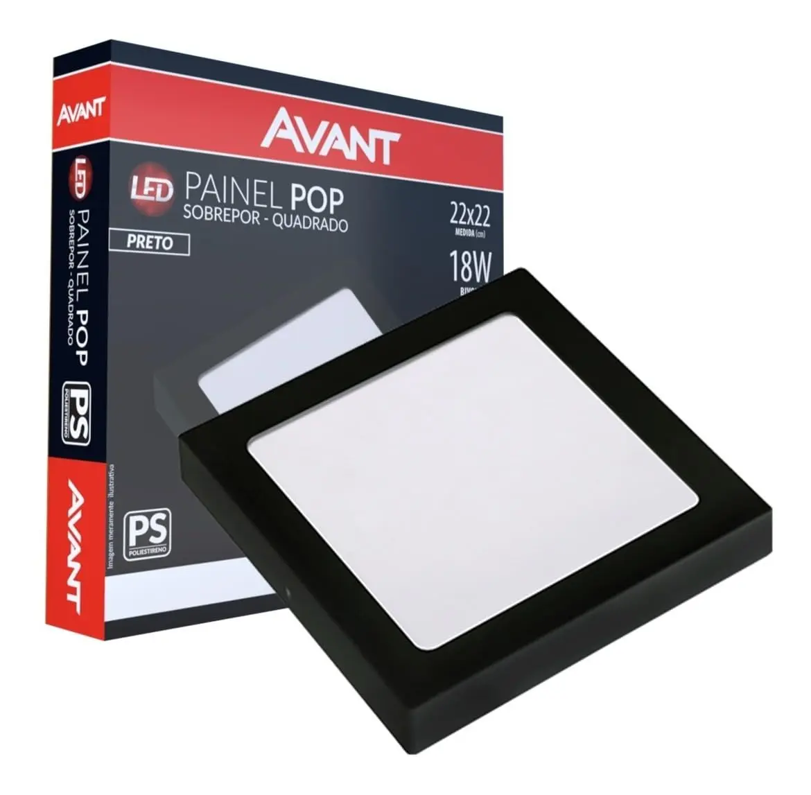Painel led Plafon Pop Sobrepor 18w 6500k Branco Frio 22cm 110v/220v Bivolt Quadrado Preto Cod:903071378 Avant - 1