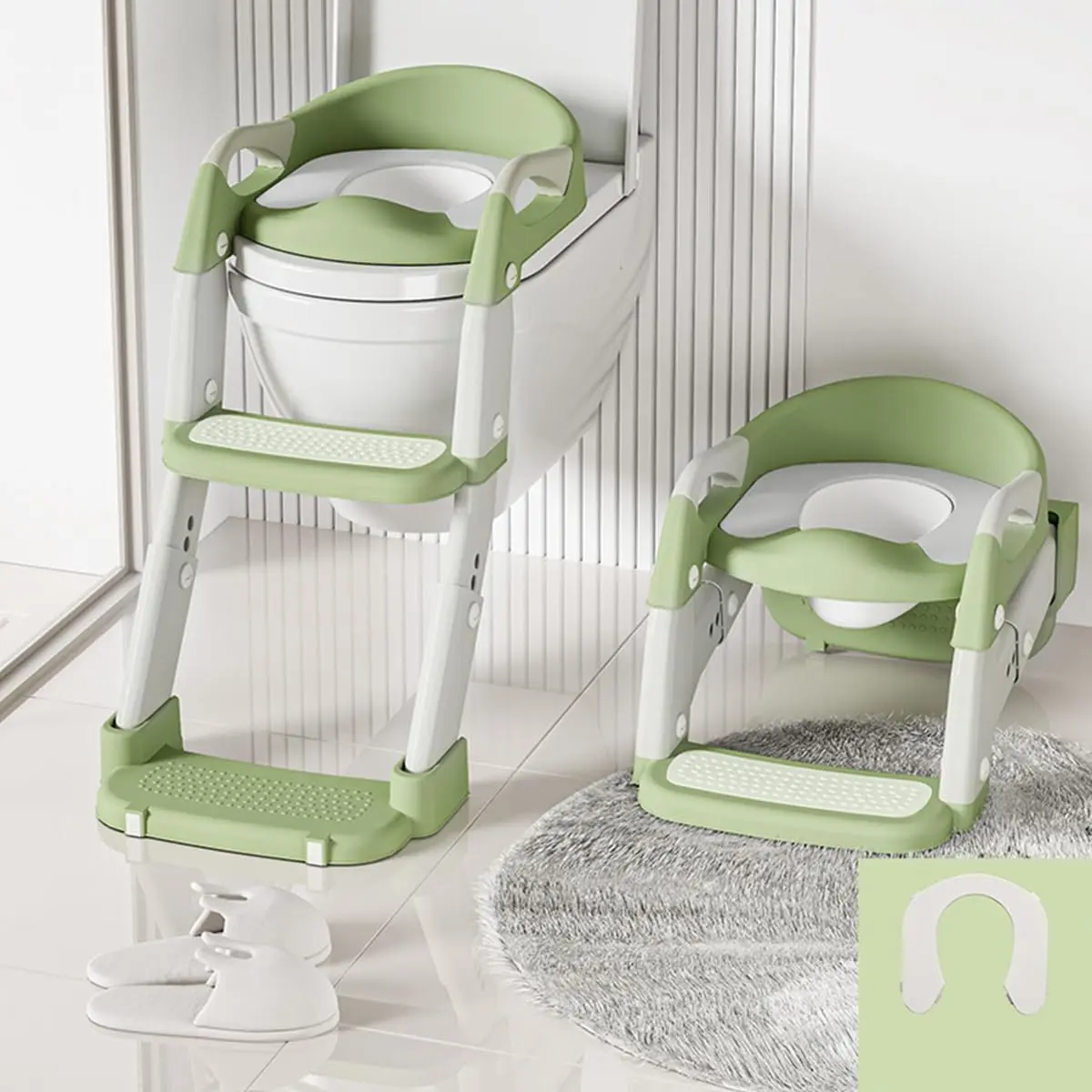Ninho Design Assento Redutor Infantil para Vaso Sanitário com Escada + Vaso Pequeno Branco Integrado — 2 em 1 Penico Infantil, Mictório, Almofadado, Antiderrapante (Verde e Branco)