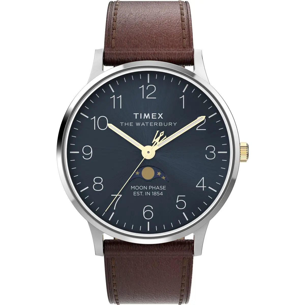 Timex Relógio masculino Waterbury Classic Moon Phase 40 mm - pulseira marrom mostrador azul caixa de aço inoxidável, Marrom