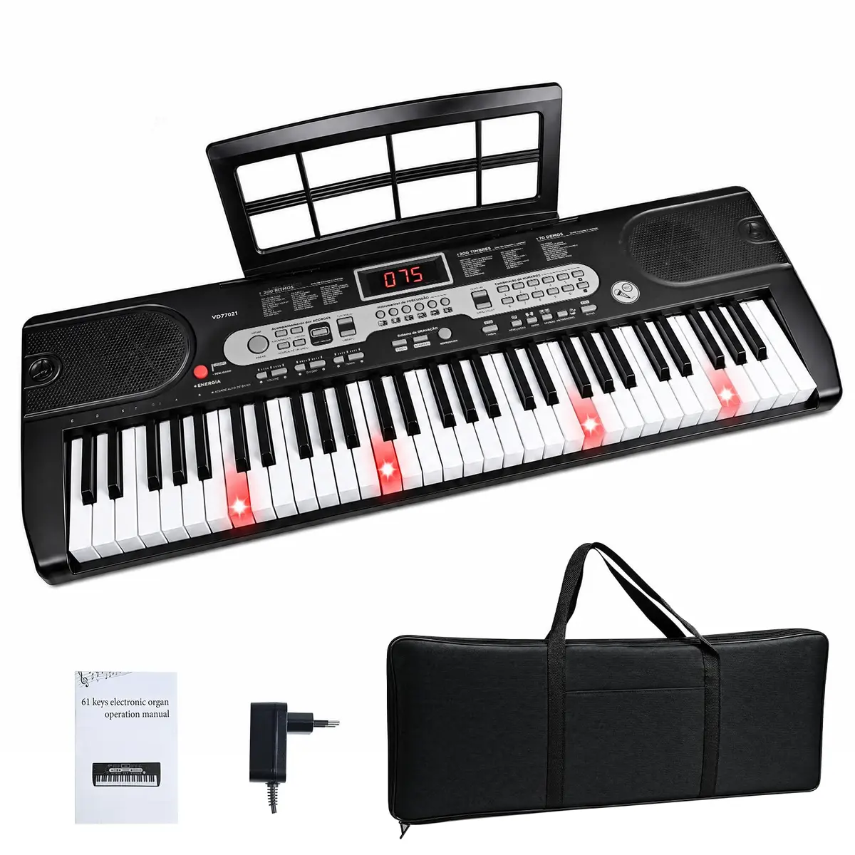 VEDO 61 Teclas Teclado Musical Retroiluminado Semipesadas, 200 Ritmos, 200 Tons, 70 CançõEs de DemonstraçãO, Sustain, Vibrato, Transposição, Estante de Partitura e Bolsa, Adequado Para Inicaiantes
