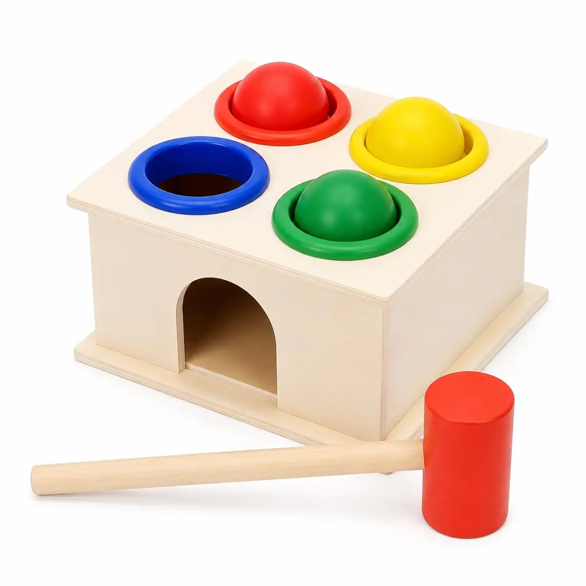 Brinquedo Educativo de Madeira Caixa Bate Martelo com Bolinhas | 4 Bolinhas Coloridas, Inclui Martelo, Encaixe Didático, Para Crianças, Desenvolvimento Motor