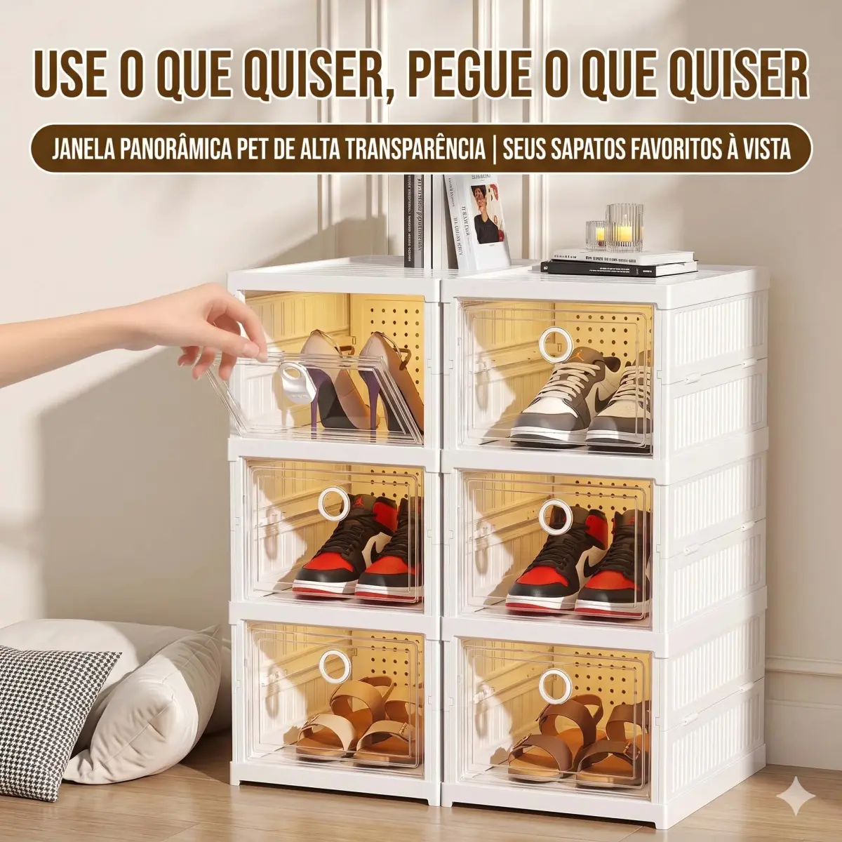 KIT Caixa De Sapato Dobrável Armazenamento Transparentes Sapateira Empilhável Prova De Poeira - 1