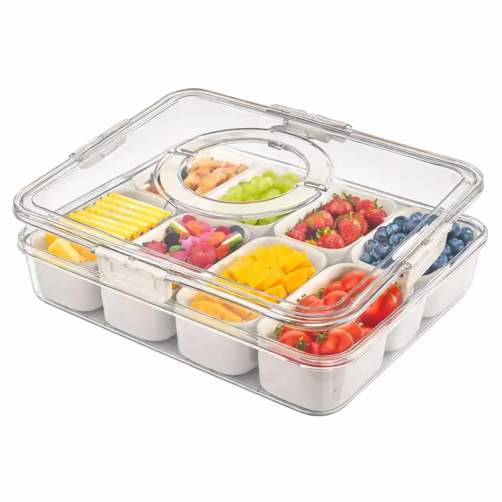 Organizador Hermético Premium com 8 Divisórias e Alça de Transporte – Pote Multiuso Transparente para Geladeira, Frutas, Snacks e Marmitas – Porta Alimentos Modular Compacto em Acrílico e PP