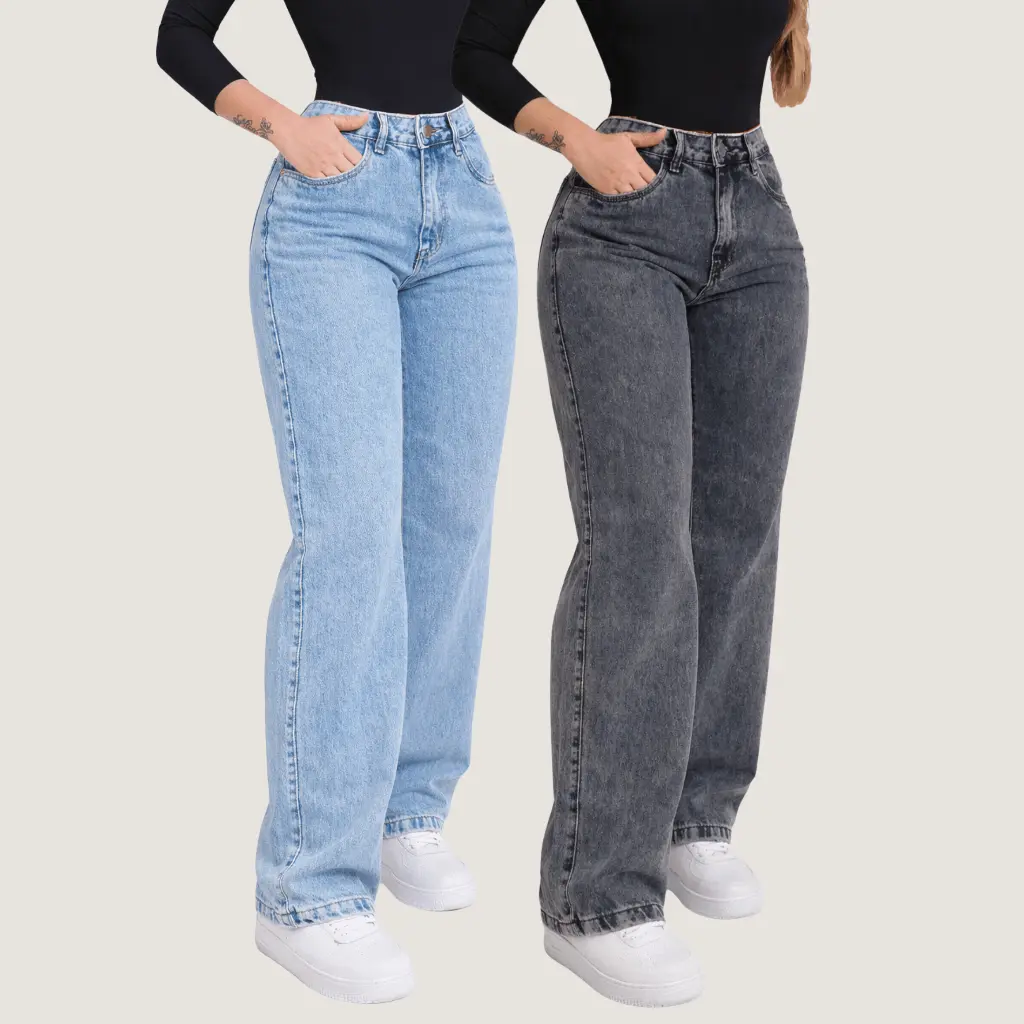 Kit Calça Wide leg Jeans Grafite Feminina Pantalona - 1