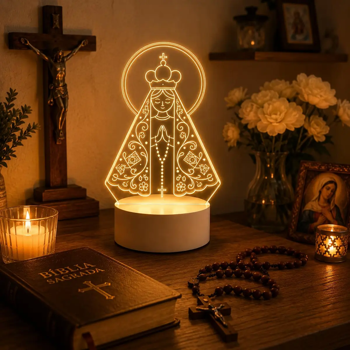 Abajur Nossa Senhora Aparecida em Acrílico LED para Cabeceira e Decoração | Excelente opção de presente religioso,Iluminação LED suave',Ideal para quarto e cabeceira,Baixo consumo de energia - 1