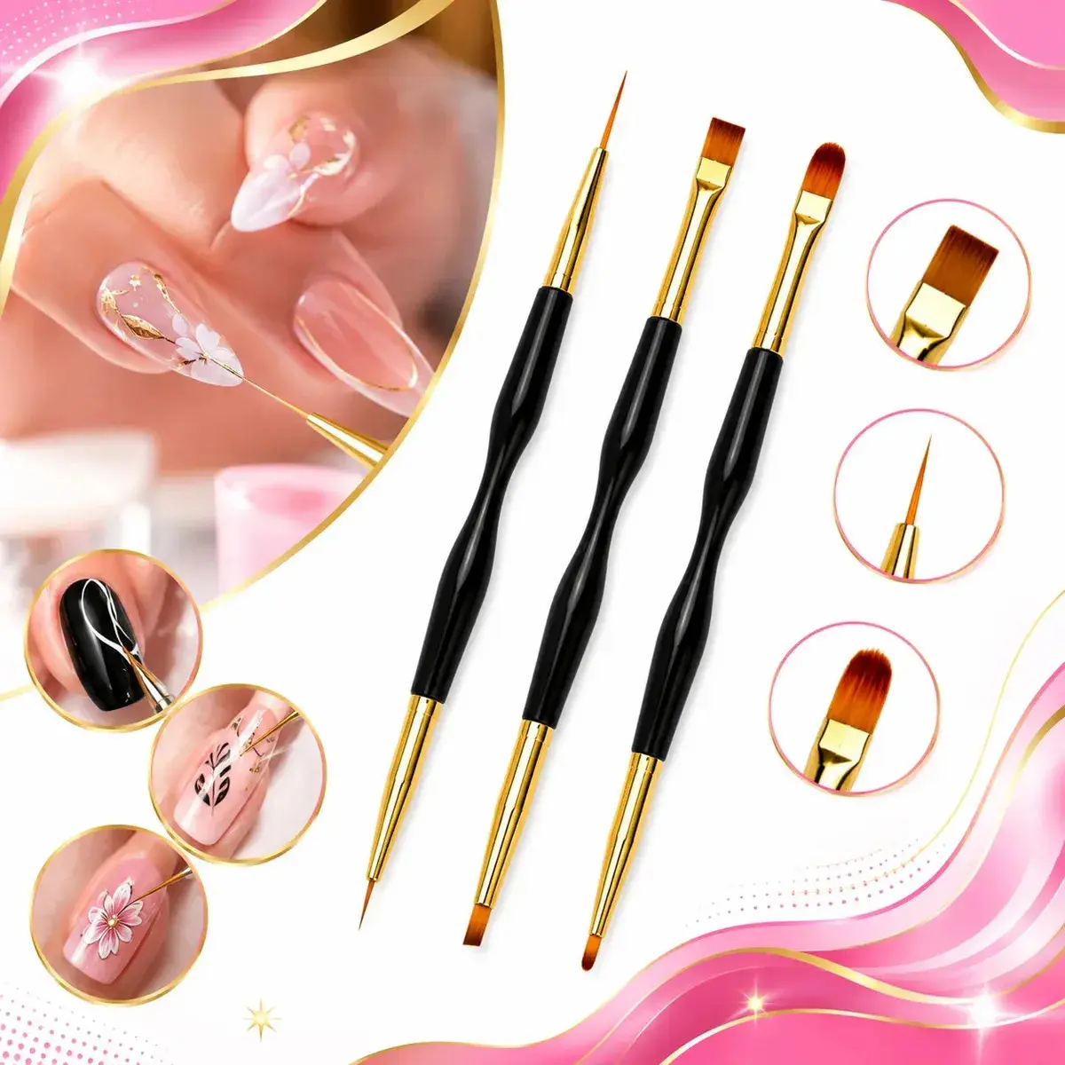 Kit 3 Pincéis 2 Pontas Unhas Gel Acrigel Decoração Nail Art Manicure Acabamento Profissional Ponta Dupla Boa Dica - 1