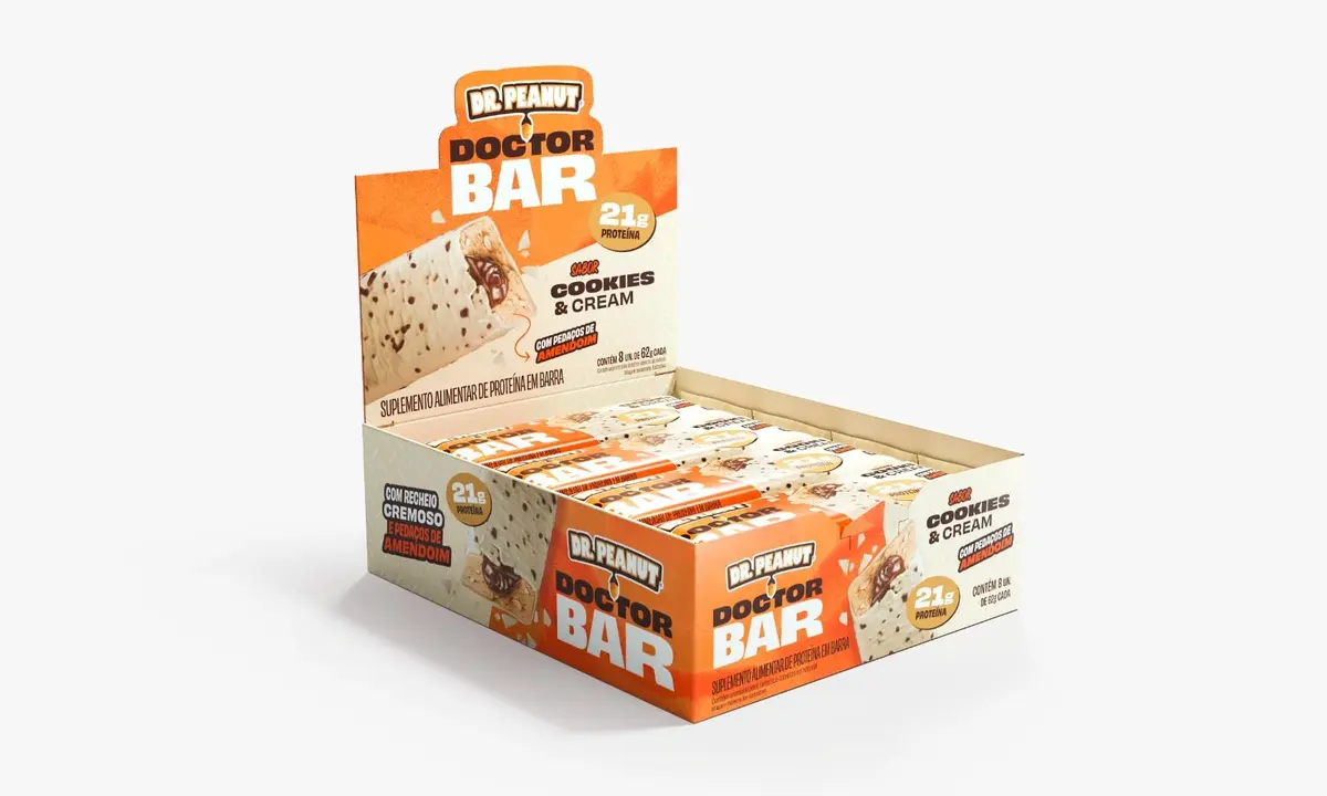 Barra de Proteína Doctor Peanut, 62g, Pack com 8 Unidades | Sabor Cookies & Cream, 21g de Proteína por Barra, Linha Doctor Bar