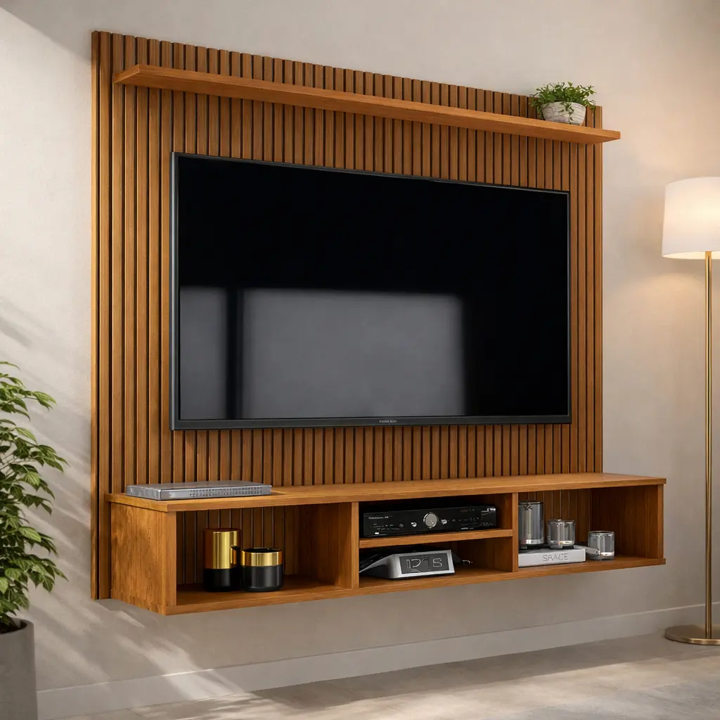 Painel Ripado Para TV até 50 Polegadas com Prateleira e Nicho Espaçoso Ideal para Sala Estante