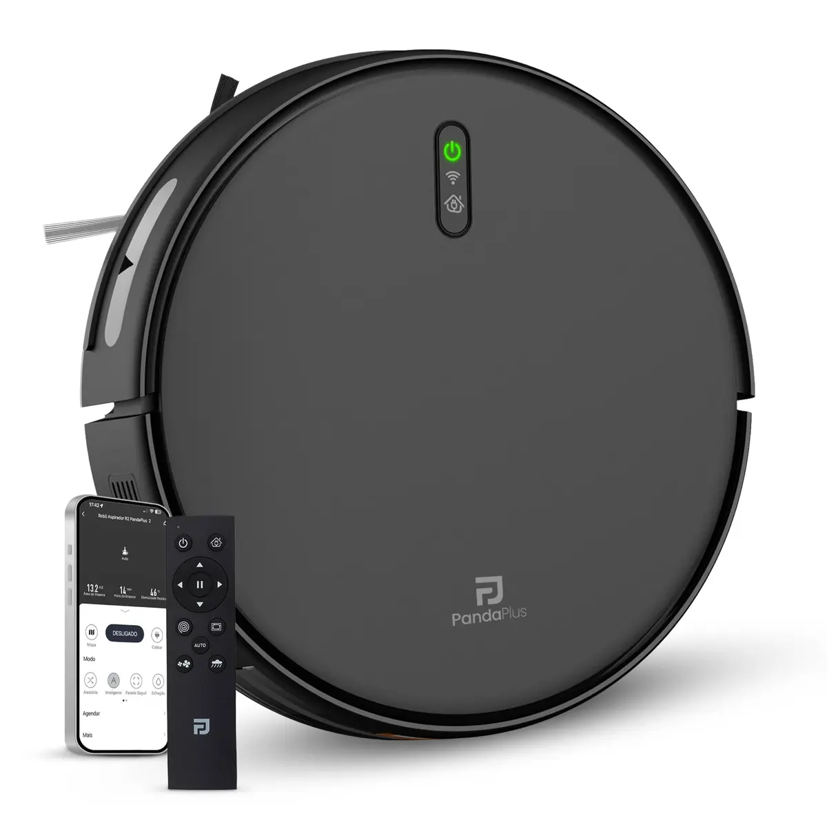 Robô Aspirador De Pó Inteligente Função 3 em 1 Aspira Varre e Passa Pano Wifi Alexa Google App Tuya PandaPlus Giroscópico Mostrar Rota Voltar Base Automático Bivolt (Preto)
