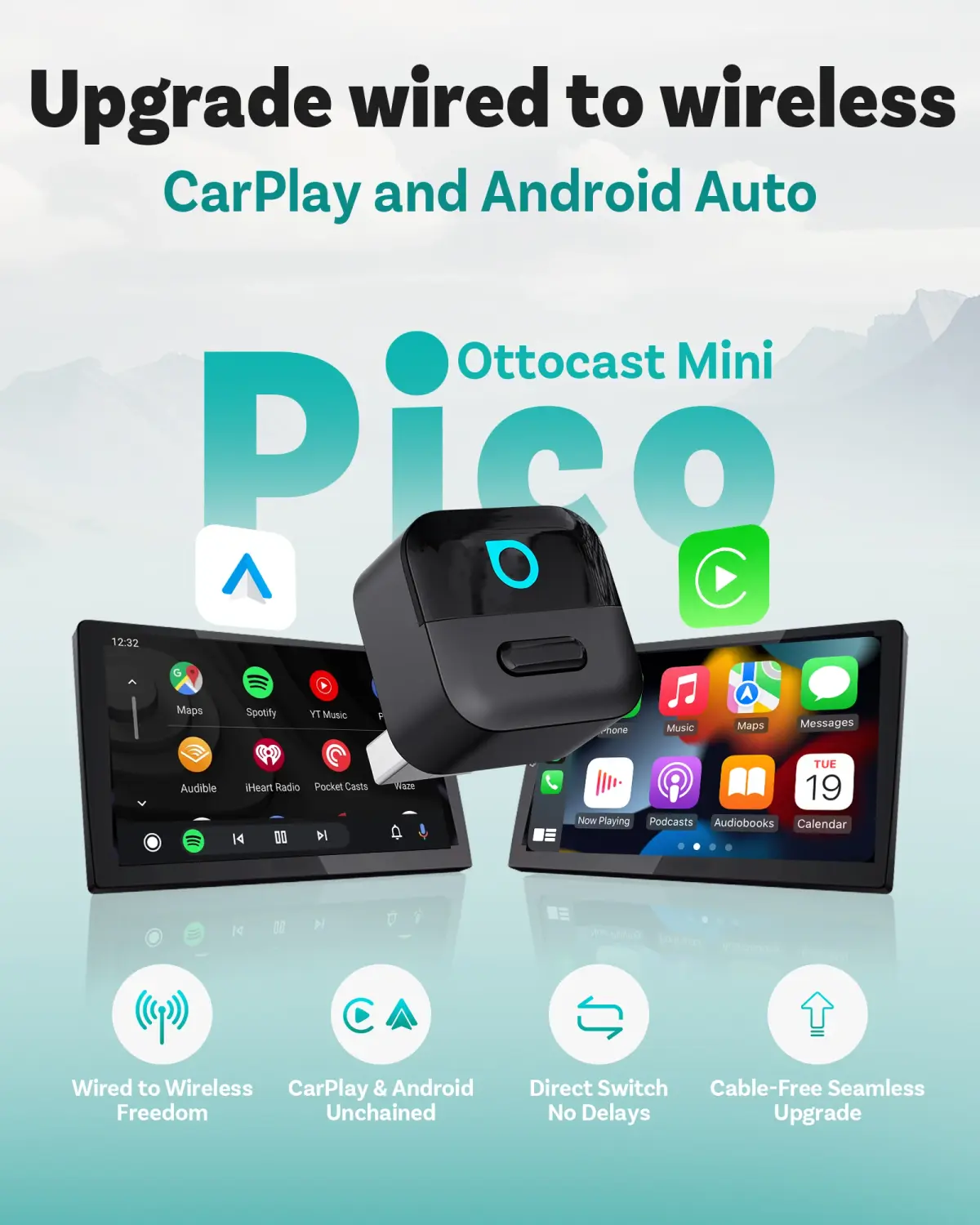 Adaptador OTTOCAST Mini Pico 2 em 1 Wireless CarPlay e Android Auto, Dongle Wifi 6.0 Plug and Play para 98% dos Carros - 1