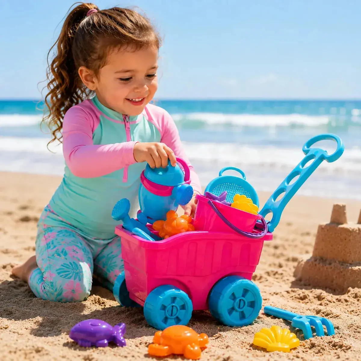 Carriola De Praia Infantil Rosa Com Acessórios Infantil Castelinho De Areia Forminhas Baldinho Regador