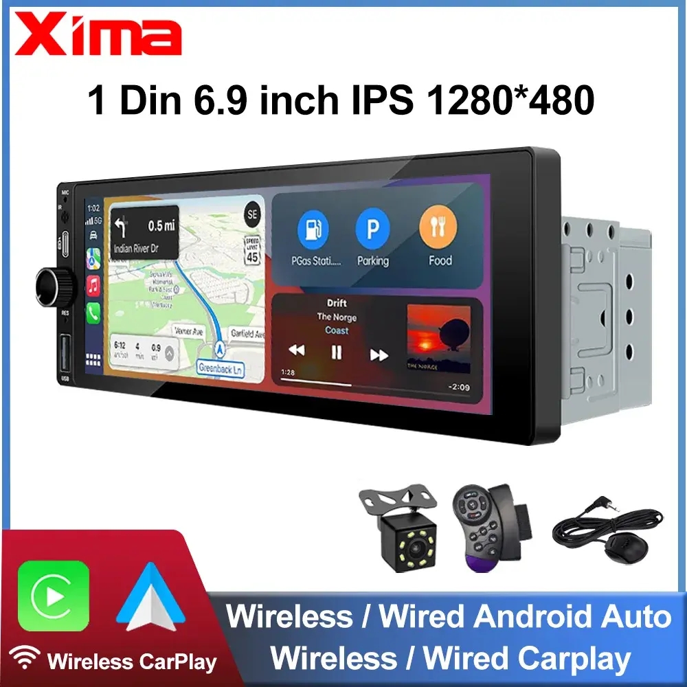 XIMA 6.9 polegadas Rádio Carro Sem Fio CarPlay Android Auto MP5 Bluetooth FM USB IPS Tela Sensível Ao Toque Reprodutor Multimídia Universal 1Din - 1