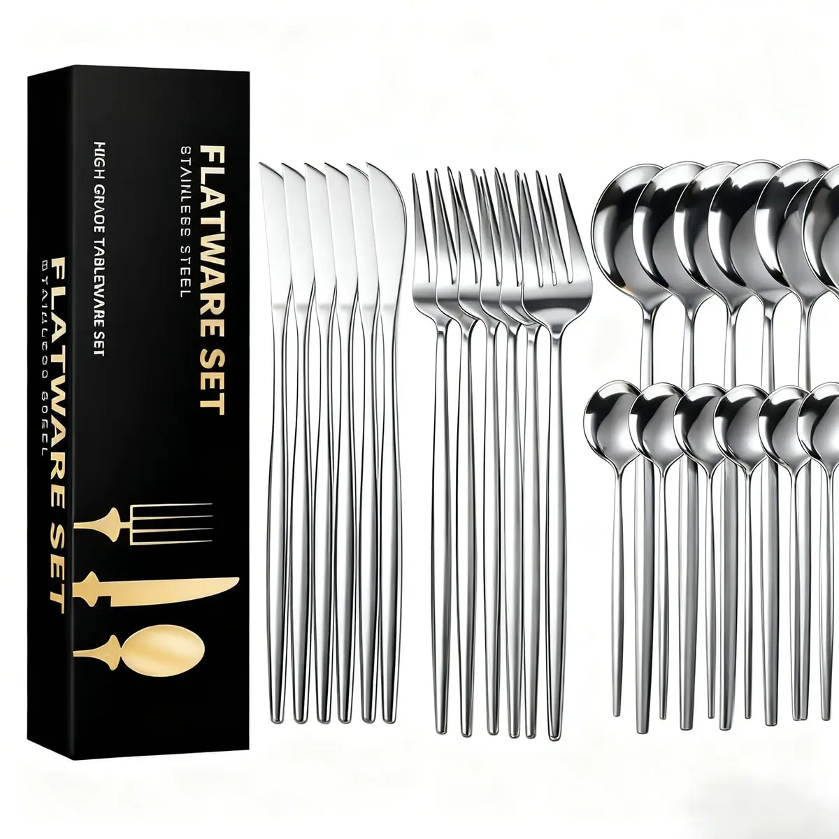 AUXOM Faqueiro 24 Peças em Aço Inox 430 - Jogo de Talheres Premium com Caixa Litografada, Polido e Espelhado de faca e garfo Conjunto para Mesa Posta e Utensílios de Casa/Restaurante (Prata) - 1