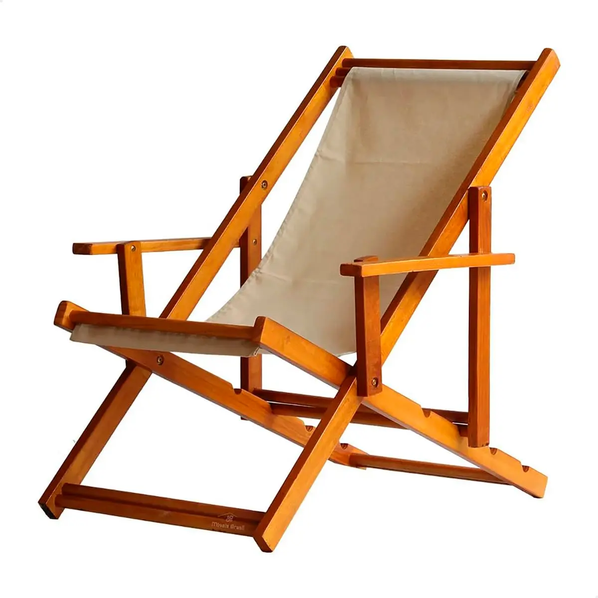Espreguiçadeira em Madeira Maciça para Piscina, Praia – Com Braço, Dobrável, Acabamento Envernizado (Bege)