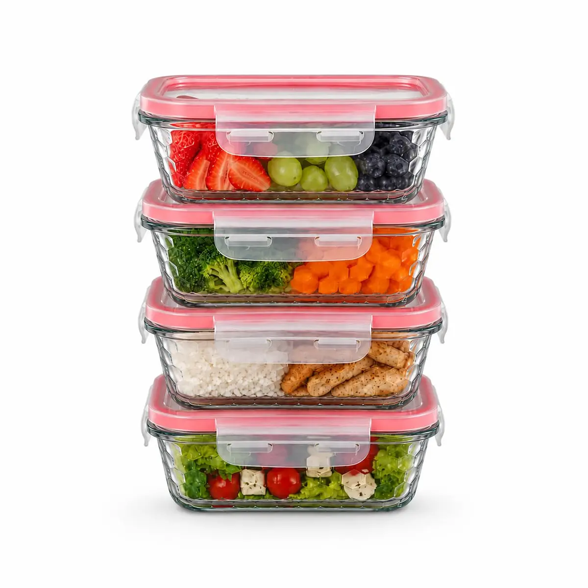 Kit 4 Potes de Vidro Retangular com Tampa Hermética e Vedação de Silicone - Armazenamento Seguro e Versátil de 370ml para Alimentos (Vermelho) - 1