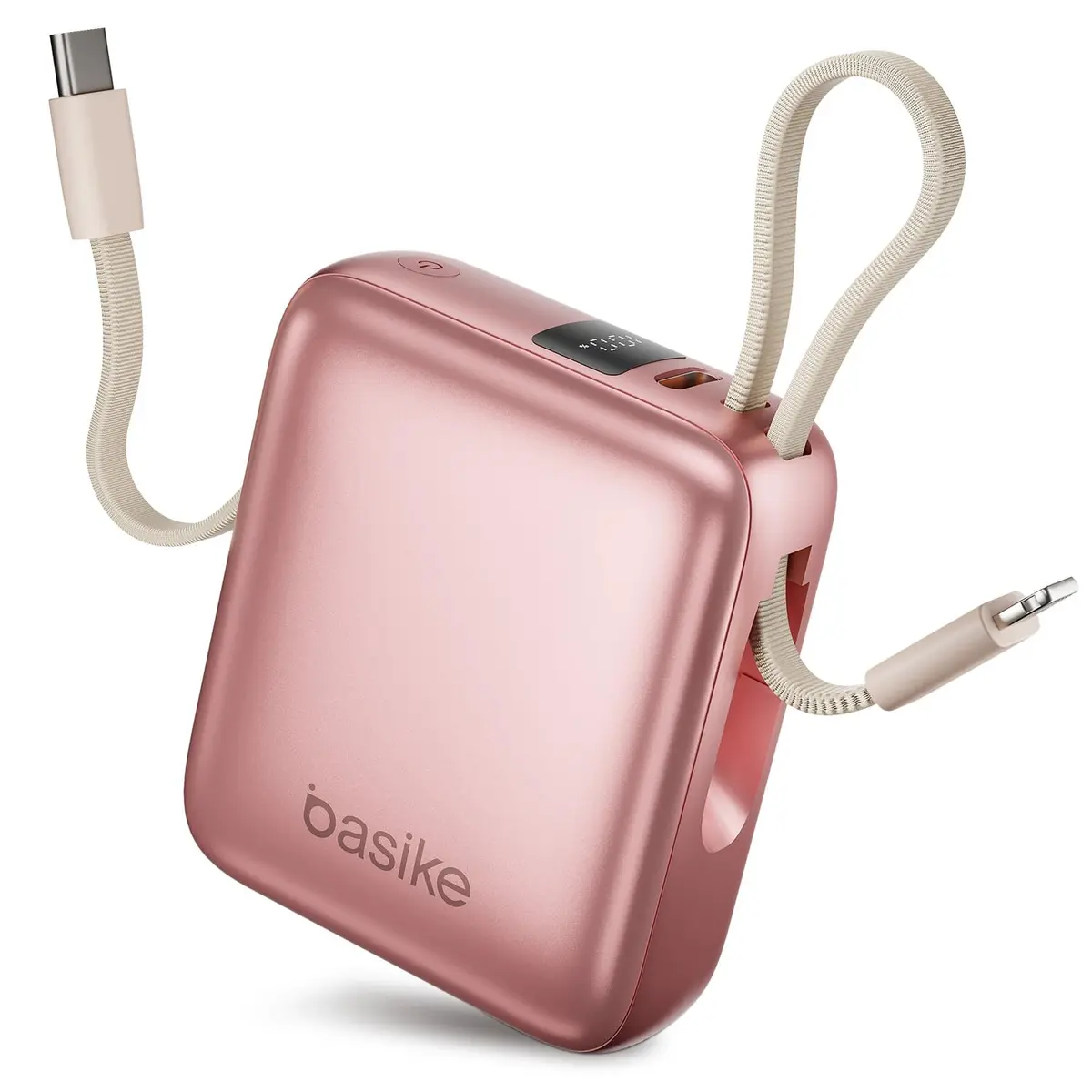 Basike Carregador Portátil 10000mAh, Mini Power Bank(Rosa) | Cabos Integrados, Carregamento Rápido 22.5W(MAX), Pequeno, Led Indicador de Bateria para iPhone/Samsung/Huawei/Xiaomi, etc