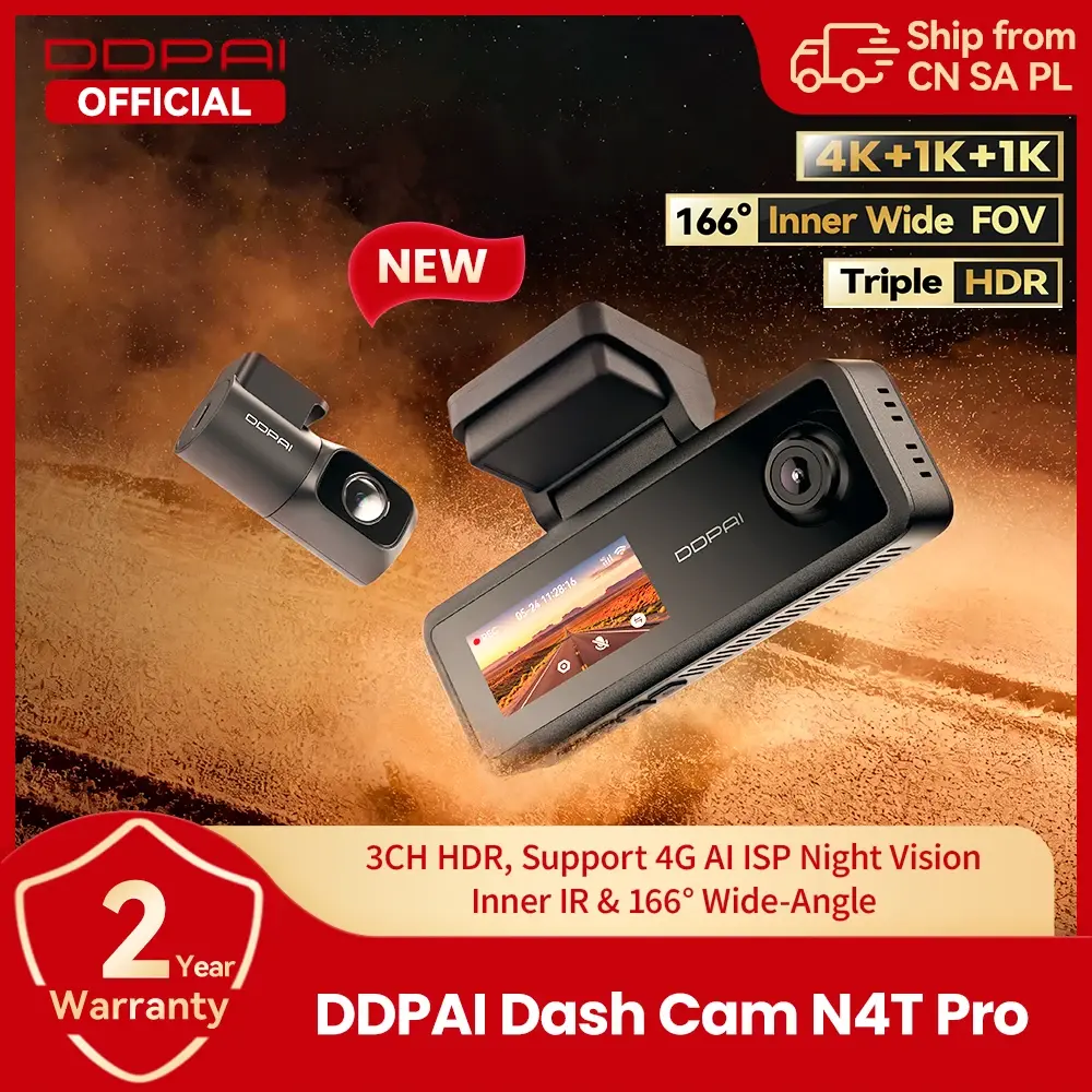 【Novo】Câmera Veicular DDPAI N4T Pro 3 Canais HDR 4K+1080P+1080P Frontal Traseira Interior Visão Noturna ADAS DVR Suporte 4G Monitoramento de Estacionamento - 1