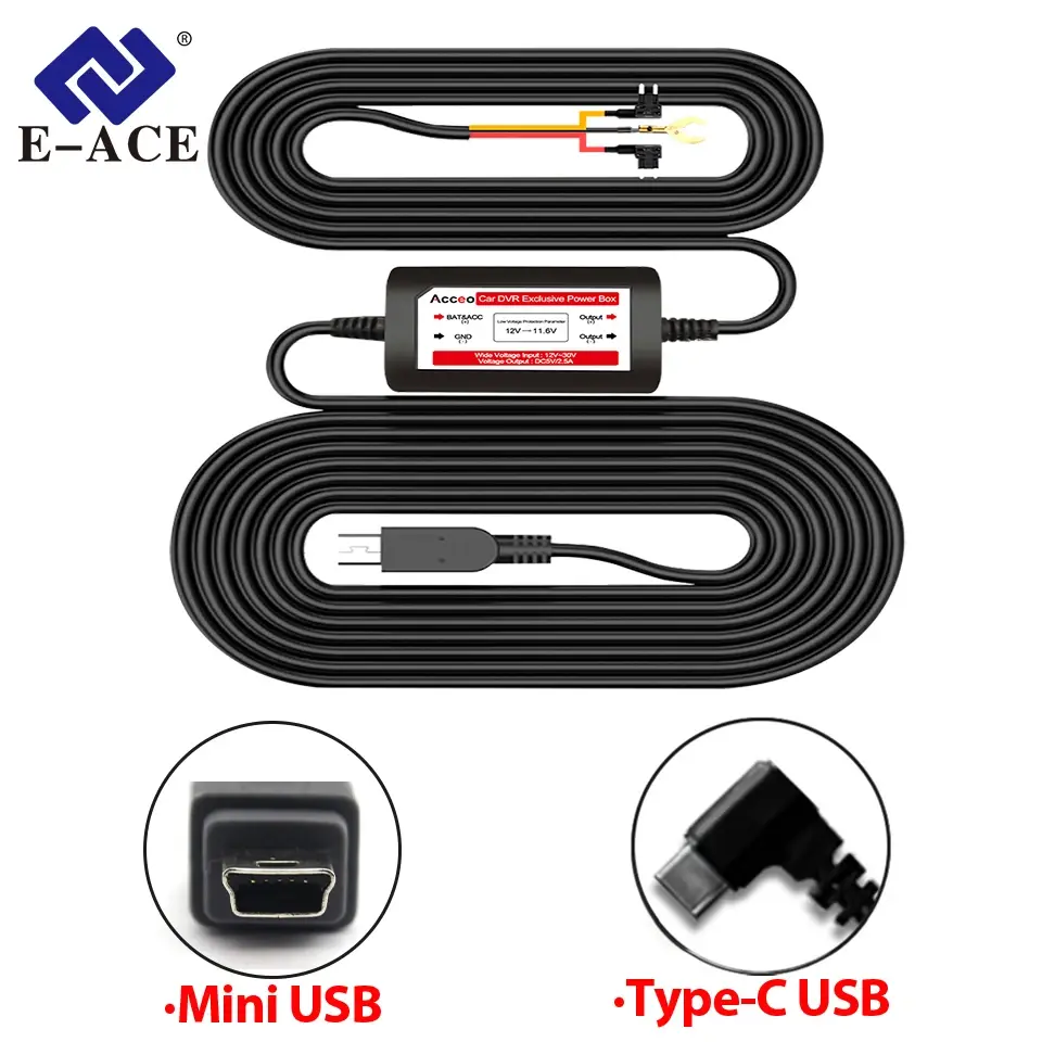 E-ACE 3.5 metros buck line mini usb tipo-c kit de fio carregador de carro para dash cam reaview espelho 24h monitoramento de estacionamento - 1