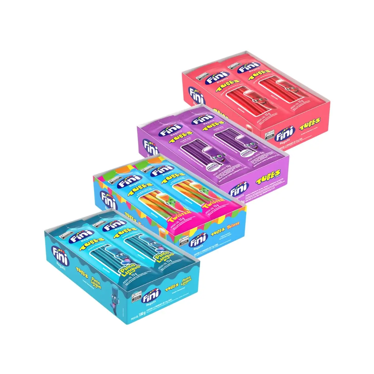 Fini Tubes Balas de Goma Sortidas, 5 Caixas com 12 Pacotes de 15g, Sabores Uva, Frutas Silvestres, Morango, Framboesa e Nata (4 Caixas - 4 Sabores)