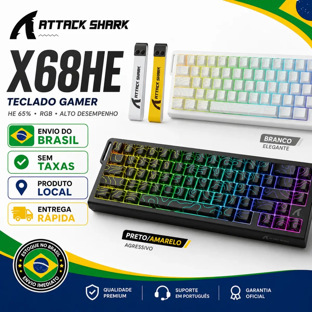 Teclado Mecânico Magnético ATTACK SHARK X68HE RGB 8K para E-Sports com Eixo Magnético, Precisão RT de 0,01mm e Taxa de Varredura de 128K
