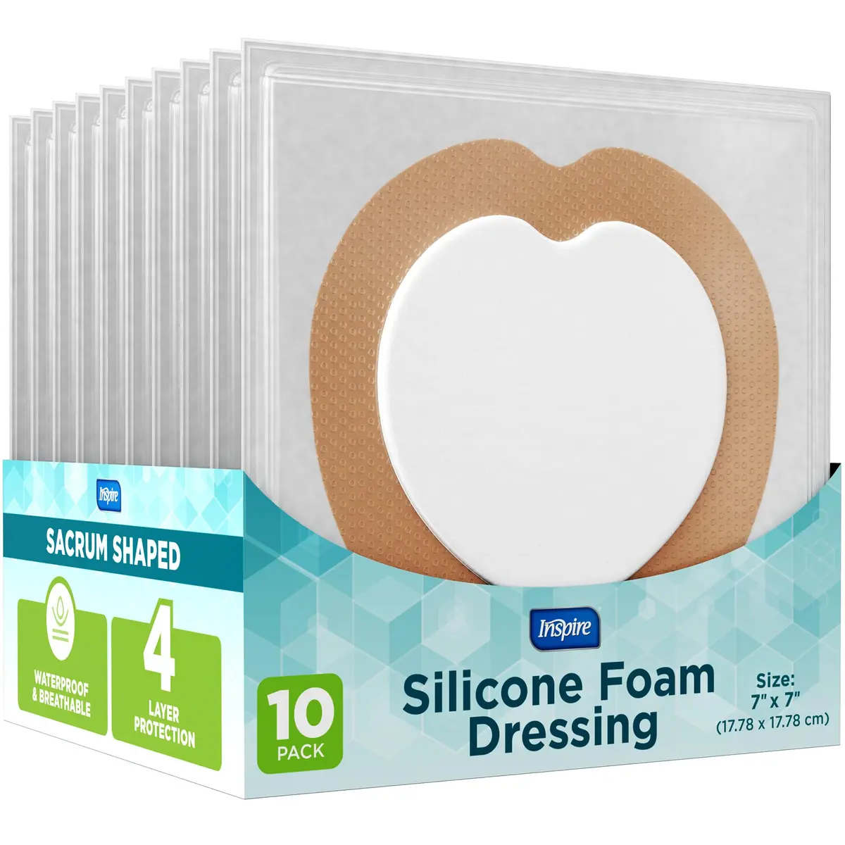 Inspire Curativo de Espuma de Silicone Sacral, Bandagens Grandes E Impermeáveis para Feridas, Queimaduras E Escaras, Seguro para Pele Sensível, Curativo Adesivo para Cuidados Pós-Cirúrgicos (18 X 18
